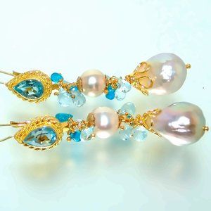 COPY - Blue Topaz Pink Baroque Pearl Gemstone Chandelier Earrings Vermeil Sterl…
